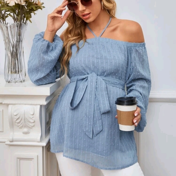 Maternity Swiss Dot Halterneck Belted Blouse - Picture 3 of 6